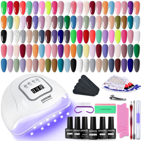 Picture of JODSONE 60 Bottles of Gel Nail Polish Kit with U V Light 55 Kinds of Gorgeous and Charming Gel Polish Kit 5 Pieces Soak off Glossy Matte Top Coat Base Coat Gel Polish Set