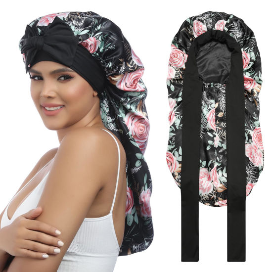 Picture of AWAYTR Long Satin Bonnet for Women - Double Layer Elastic Silk Bonnet for Braids Hair Sleeping Cap with Tie Band (Flower B)