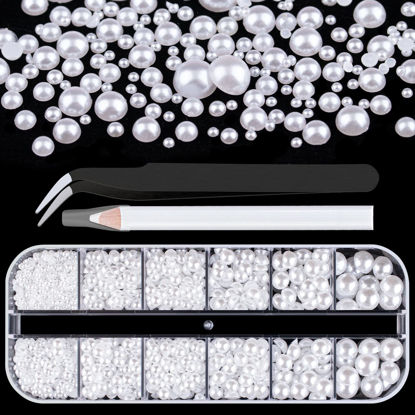 Picture of Belleboost Flat Back Pearls Kits 1 Box of Flatback White Half Round Pearls with Pickup Pencil and Tweezer for Home DIY and Professional Nail Art, Face Makeup and Craft