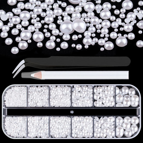 Picture of Belleboost Flat Back Pearls Kits 1 Box of Flatback White Half Round Pearls with Pickup Pencil and Tweezer for Home DIY and Professional Nail Art, Face Makeup and Craft