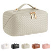 Picture of ALEXTINA Large Capacity Travel Cosmetic Bag - PU Leather Makeup Organizer Bag Portable Woven Makeup Bags for Women Waterproof Travel Toiletry Bag with Divider Pouch, Khaki