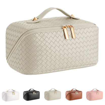 Picture of ALEXTINA Large Capacity Travel Cosmetic Bag - PU Leather Makeup Organizer Bag Portable Woven Makeup Bags for Women Waterproof Travel Toiletry Bag with Divider Pouch, Khaki