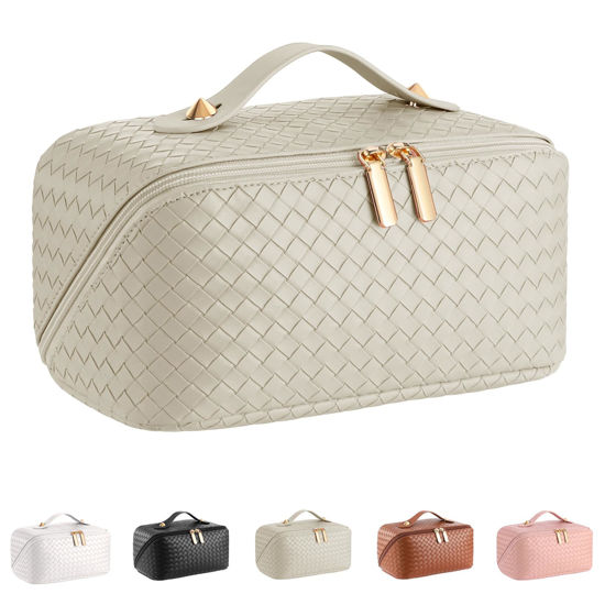 Picture of ALEXTINA Large Capacity Travel Cosmetic Bag - PU Leather Makeup Organizer Bag Portable Woven Makeup Bags for Women Waterproof Travel Toiletry Bag with Divider Pouch, Khaki