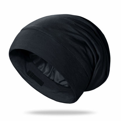 Picture of OLESILK Silk Bonnet for Men, 100% Mulberry Mens Bonnet, Dreadlock Cap for Curly Hair, Silk Hair Bonnet for Sleeping, Silk Hair Wrap for Sleeping, Black