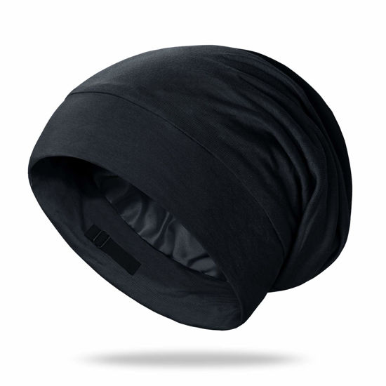 Picture of OLESILK Silk Bonnet for Men, 100% Mulberry Mens Bonnet, Dreadlock Cap for Curly Hair, Silk Hair Bonnet for Sleeping, Silk Hair Wrap for Sleeping, Black
