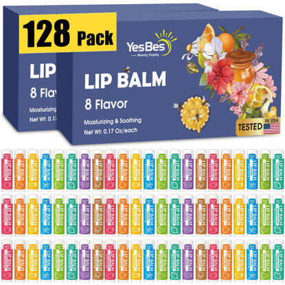 Picture of YesBes 128 Pack Lip Balm, Natural Lip Balm Bulk with Vitamin E and Coconut Oil, Moisturizing Lip Balm for Dry Cracked Lips, Lip Balm for Stocking Stuffers - 8 Flavors