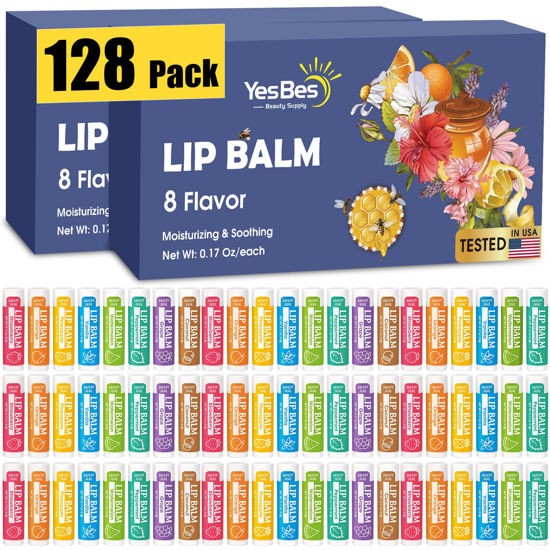Picture of YesBes 128 Pack Lip Balm, Natural Lip Balm Bulk with Vitamin E and Coconut Oil, Moisturizing Lip Balm for Dry Cracked Lips, Lip Balm for Stocking Stuffers - 8 Flavors