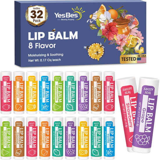 Picture of YesBes 32 Pack Lip Balm, Natural Lip Balm Bulk with Vitamin E and Coconut Oil, Moisturizing Lip Balm for Dry Cracked Lips, Lip Balm for Stocking Stuffers - 8 Flavors