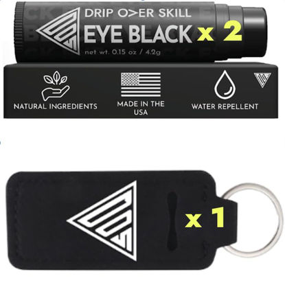 Picture of Drip Over Skill Eye Black Stick, Made in the USA with Natural Ingredients, Skin Safe Eyeblack, Gear for Lacrosse, Football, Softball, Sports Eye Black Baseball Drip, 2 Pack w/ 1 Keychain Sleeve