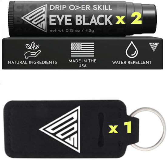 Picture of Drip Over Skill Eye Black Stick, Made in the USA with Natural Ingredients, Skin Safe Eyeblack, Gear for Lacrosse, Football, Softball, Sports Eye Black Baseball Drip, 2 Pack w/ 1 Keychain Sleeve