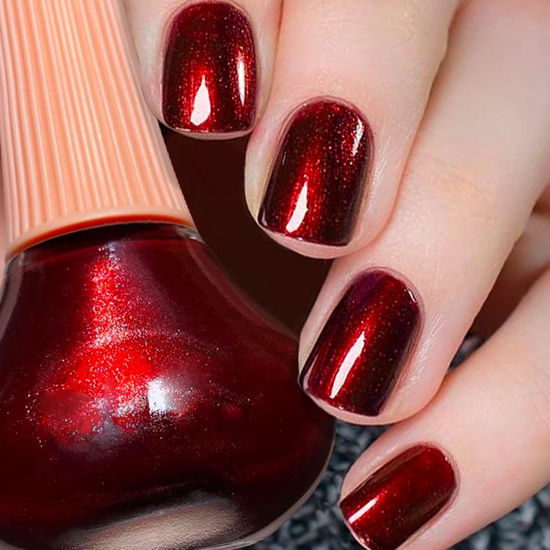 Picture of COSMOO Wine Red Nail Polish, 12ml Burgundy Red Quick Dry Nail Lacquer, Super Lustrous Nail Enamel Polish, Dark Red Shimmer Iridescent Ultrachrome Nail Art Varnish, 0.41 fl oz