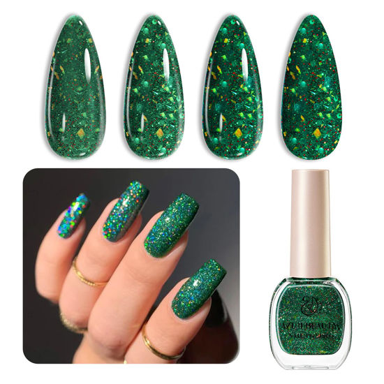 Picture of AZUREBEAUTY Christmas Nail Polish Quick Dry Vegan Green Glitter Nail Polish Natural Infinite Shine Nail Lacquer Salon-Quality for Women Girl Gift Set 1Pcs 0.34 fl oz