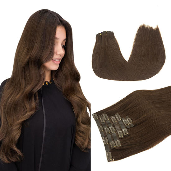 Picture of DOORES Clip in Hair Extensions, Chocolate Brown 16 Inch 110g 7pcs, Hair Extensions Seamless Clip in Extensions Remy Human Hair Straight Clip in Hair Extensions Natural Hair Invisi Edge Hair Extensions
