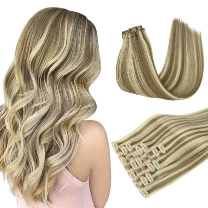 Picture of DOORES Clip in Hair Extensions, Light Brown Highlighted Medium Blonde Human Hair Clip in Extensions, 20 Inch 150g 7pcs Virgin Hair Extensions Clip in, Silky Straight Thick Human Hair Extensions