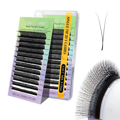 Picture of NAGARAKU Y Eyelash Extensions Supplies 2D Y Lash Easy Fan Russian Volume Crisscross Eyelashes Handwoven Y Shaped Mesh Wispy Clusters 12 Rows Eye Lashes Matte Black - 0.10C 8-15 Mix