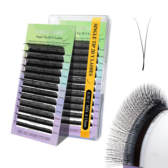 Picture of NAGARAKU Y Eyelash Extensions Supplies 2D Y Lash Easy Fan Russian Volume Crisscross Eyelashes Handwoven Y Shaped Mesh Wispy Clusters 12 Rows Eye Lashes Matte Black - 0.10C 8-15 Mix