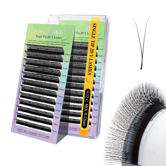 Picture of NAGARAKU Y Eyelash Extensions Supplies 2D Y Lash Easy Fan Russian Volume Crisscross Eyelashes Handwoven Y Shaped Mesh Wispy Clusters 12 Rows Eye Lashes Matte Black - 0.12C 8-12 Mix