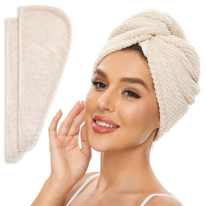 Picture of SimpleField 2 Pack Microfiber Hair Towel Wrap for Women, Anti Frizz Quick Drying Hair Turban for All Hair Style, Absorbent and Lightweight (Beige)