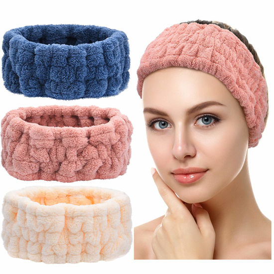 Picture of Chuangdi 3 Pieces Spa Headband for Women Facial Makeup Headband Soft Terry Cloth Hairband for Washing Face Mask Spa Shower Gifts(Dark Pink, Dark Blue, Milky-White)