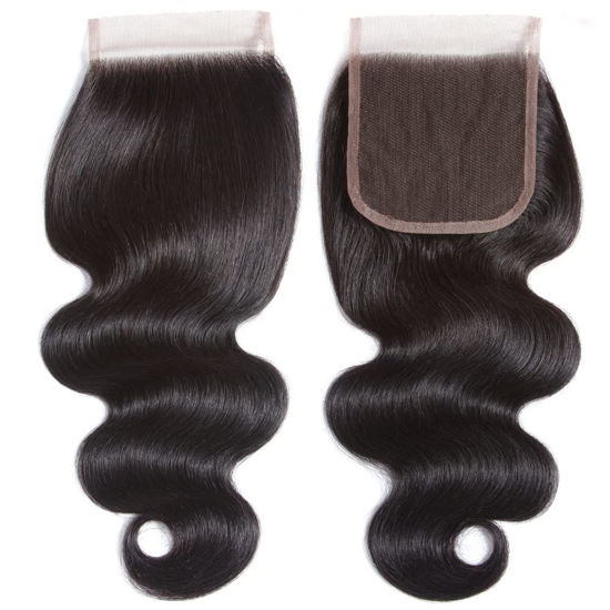 Picture of 10A Free Part Body Wave Virgin Brazilian Hair Lace Closure 130% Density Brazilian Body Wave Lace Closure with Baby Hair Natural Hair Color Soft and Silky (16Inch, Free Part Closure)