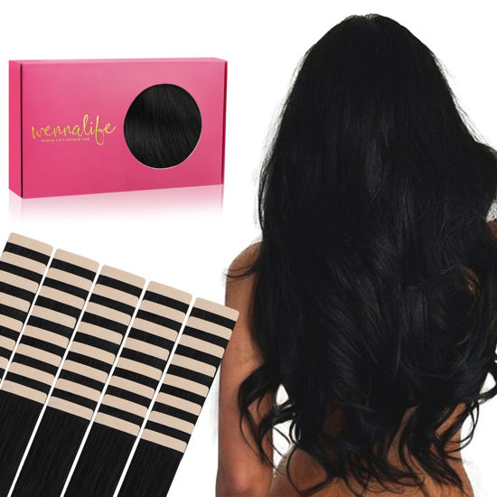 Picture of WENNALIFE Tape in Hair Extensions Human Hair, 40pcs 100g 24 inch Jet Black Hair Extensions Real Human Hair Straight Tape in Extensions Invisible Human Hair Extensions Reusable Real Hair Extensions