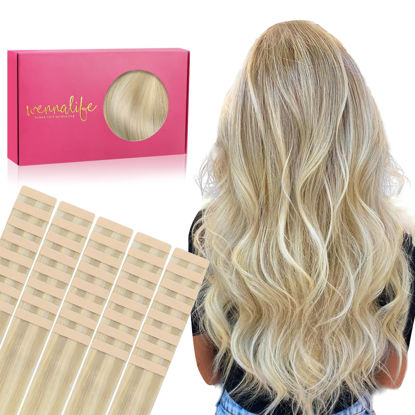Picture of WENNALIFE Tape in Hair Extensions Human Hair, 40pcs 100g 14 inch Ombre Ash Blonde to Golden Blonde Balayage Platinum Blonde Hair Extensions Real Human Hair Invisible Straight Tape in Extensions