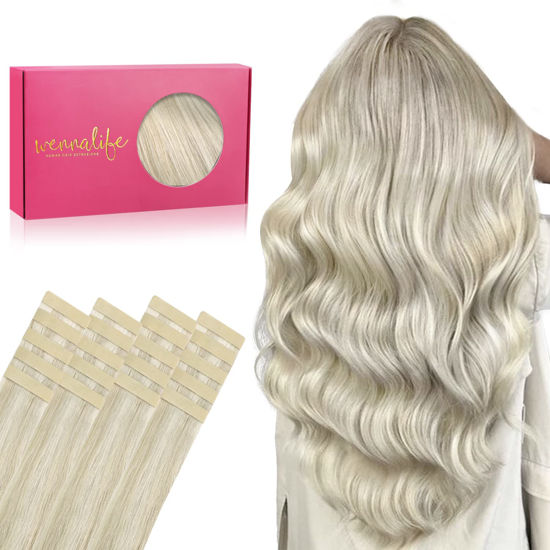 Picture of WENNALIFE Tape in Hair Extensions Human Hair, 20pcs 60g 26 inch Ash Blonde Highlighted Platinum Blonde Remy Hair Extensions Straight Human Hair Tape in Extensions Skin Weft Tape Extensions Human Hair
