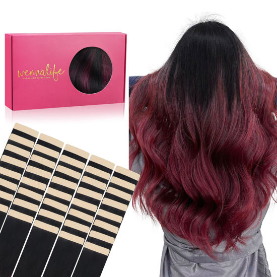 Picture of WENNALIFE Tape in Hair Extensions Human Hair, 40pcs 120g 26 inch Ombre Jet Black to Burgundy Hair Extensions Real Human Hair Straight Tape in Extensions Reusable Invisible Human Hair Extensions