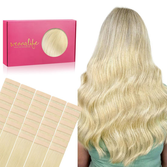 Picture of WENNALIFE 40pcs Tape in Hair Extensions Human Hair, 120g 26 inch Bleach Blonde Hair Extensions Real Human Hair Straight Tape in Extensions Invisible Human Hair Extensions Reusable Real Hair Extensions