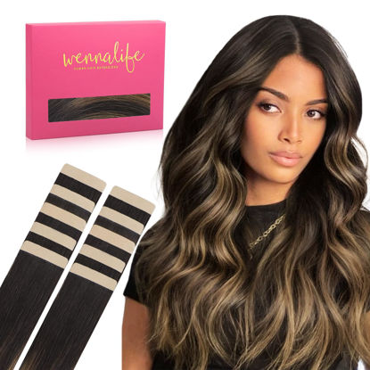 Picture of WENNALIFE Tape in Hair Extensions Human Hair Balayage Dark Brown Mixed Chestnut Brown Tape in Extensions, 10pcs 25g 18 inch Remy Invisible Tape Ins Straight Soft Real Human Hair Tape in Extensions