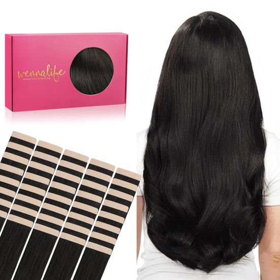 Picture of WENNALIFE Tape in Hair Extensions Human Hair, 40pcs 120g 26 inch Natural Black Hair Extensions Real Human Hair Straight Tape in Extensions Invisible Human Hair Extensions Reusable Real Hair Extensions