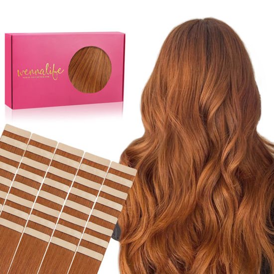 Picture of WENNALIFE Tape in Hair Extensions Human Hair, 40pcs 120g 26 inch Dirty Ginger Hair Extensions Real Human Hair Straight Tape in Extensions Invisible Human Hair Extensions Reusable Real Hair Extensions