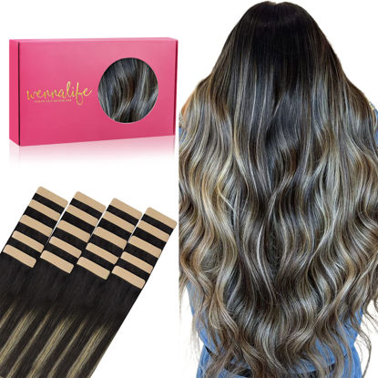 Picture of WENNALIFE Tape in Hair Extensions Human Hair, 20pcs 50g 22 inch Natural Black to Light Blonde Remy Hair Extensions Straight Human Hair Tape in Extensions Skin Weft Tape Extensions Human Hair