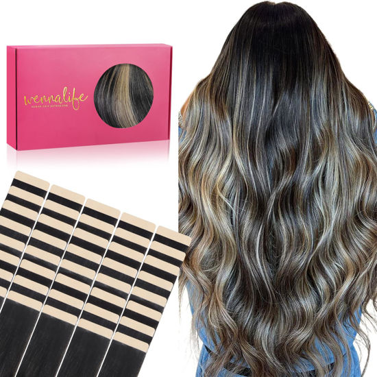 Picture of WENNALIFE Tape in Hair Extensions Human Hair, 40pcs 120g 26 inch Balayage Natural Black to Light Blonde Hair Extensions Real Human Hair Straight Tape in Extensions Invisible Human Hair Extensions