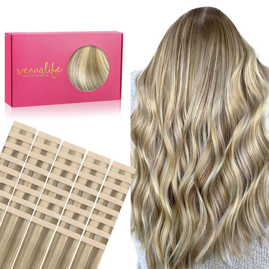 Picture of WENNALIFE Tape in Hair Extensions Human Hair, 40pcs 100g 20 inch Ash Brown Highlighted Golden Blonde Hair Extensions Real Human Hair Straight Tape in Extensions Invisible Human Hair Extensions