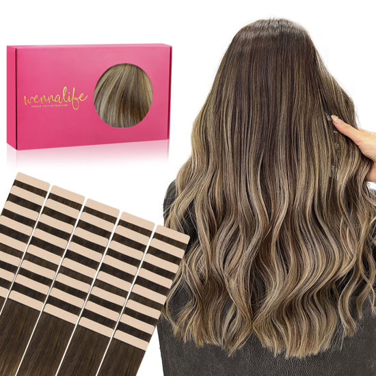 Picture of WENNALIFE Tape in Hair Extensions Human Hair, 40pcs 100g 22 inch Balayage Chocolate Brown to Honey Blonde Hair Extensions Real Human Hair Straight Tape in Extensions Reusable Real Hair Extensions