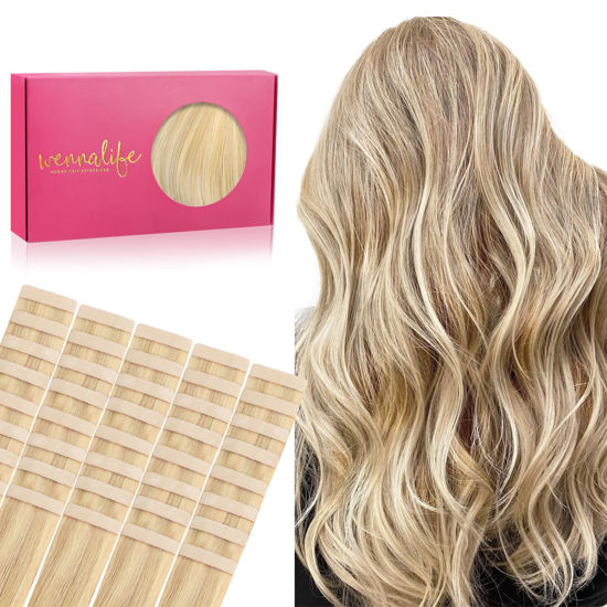 Picture of WENNALIFE Tape in Hair Extensions Human Hair, 40pcs 100g 20 inch Light Blonde Highlighted Golden Blonde Hair Extensions Real Human Hair Straight Tape in Extensions Invisible Human Hair Extensions