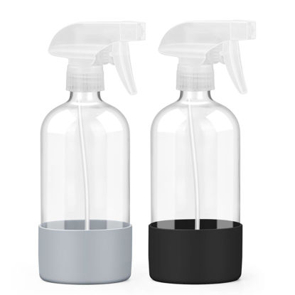 Picture of Worldgsb 2 Pack Glass Spray Bottles with Silicone Sleeve, 16 oz Empty Refillable Containers with Adjustable Spray Nozzles, Spray Bottles for Hair, Cleaning Solutions and Plants Black&Grey