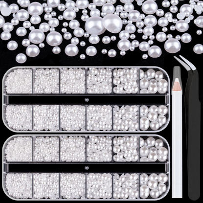 Picture of Belleboost Flat Back Pearls Kits 2 Boxes of Flatback White Half Round Pearls with Pickup Pencil and Tweezer for Home DIY and Professional Nail Art, Face Makeup and Craft