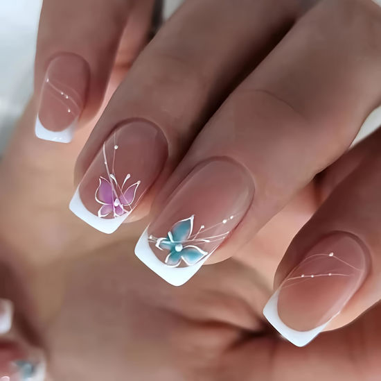 Picture of Curvlife Short Press on Nails Acrylic Fake Nails with Design Butterfly Style Full Cover False Nails for Women Reusable Nail Kit with Nail Glue Adhesive Tabs Nail File (butterfly, 24pcs)