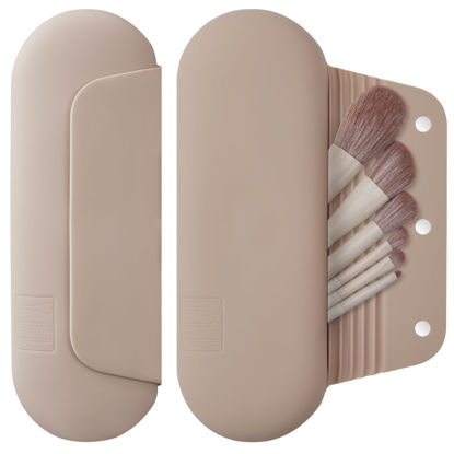 Picture of AGIKET Silicone Makeup Brush Holder Travel Cosmetic Bag：Soft Portable Cosmetic Face Brushes Holder with Upgrade Anti-Fall Out Magnetic Closure, Large Travel Makeup Brush Case - Walnut