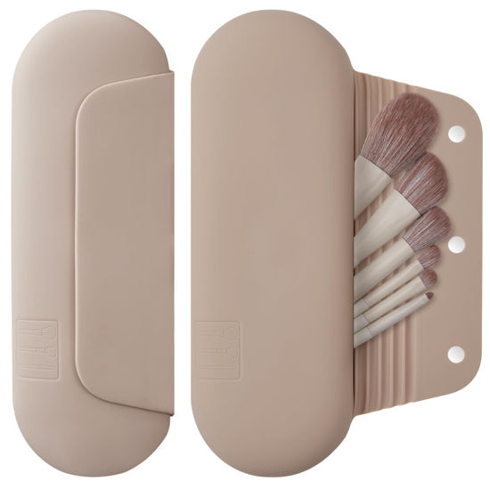 Picture of AGIKET Silicone Makeup Brush Holder Travel Cosmetic Bag：Soft Portable Cosmetic Face Brushes Holder with Upgrade Anti-Fall Out Magnetic Closure, Large Travel Makeup Brush Case - Walnut