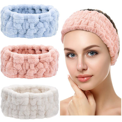 Picture of Chuangdi 3 Pieces Spa Headband for Women Facial Makeup Headband Soft Terry Cloth Hairband for Washing Face Mask Spa Shower Gifts(Blue, Pink, White)