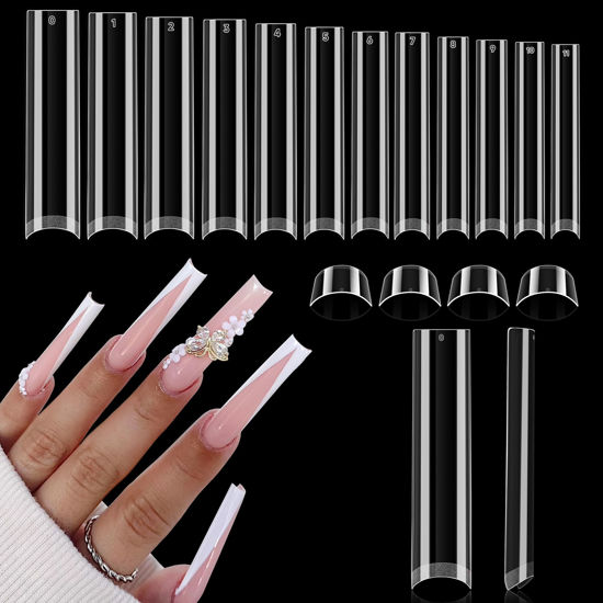 Picture of UNA GELLA 504PCS Tapered Square Nail Tips XXXL No C Curve Extra Long Straight Clear Nail Tips Half Cover 12 Sizes Gel Fake False Nails Press on for Nail Extensions Professional Nail Art Use