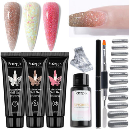 Picture of Fcozpjk Poly Gel Nail Kit 3 Colors Wine Red Brown Poly Gel With Chunky Glitter Iridescent Builder Gel Nail Kit Slip Solution Dual Nail forms Nail Clips for Poly Gel Nail Starter Kit Home Manicure