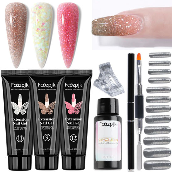 Picture of Fcozpjk Poly Gel Nail Kit 3 Colors Wine Red Brown Poly Gel With Chunky Glitter Iridescent Builder Gel Nail Kit Slip Solution Dual Nail forms Nail Clips for Poly Gel Nail Starter Kit Home Manicure