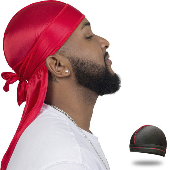 Picture of ForceWave Silky Durag for Men Wave Cap Satin Dorag for Men Women 360 Wave Red