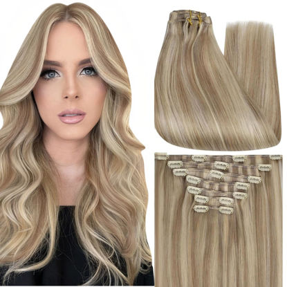 Picture of Full Shine Clip in Extensions Blonde Human Hair Highlight Clip in Hair Extensions Dark Blonde Mix Light Blonde Real Human Hair Extensions Clip ins 16 Inch 7Pcs