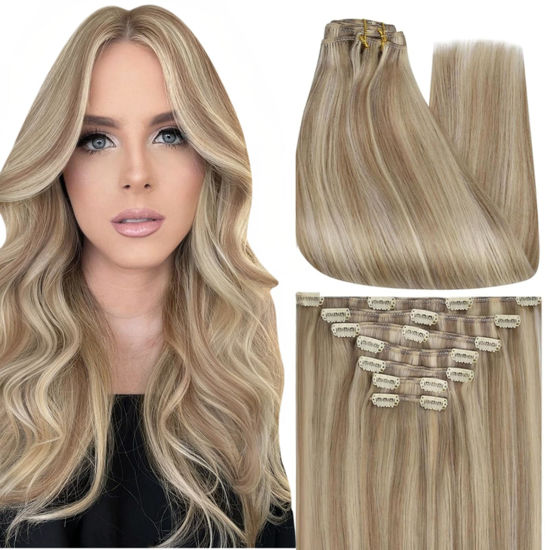 Picture of Full Shine Clip in Extensions Blonde Human Hair Highlight Clip in Hair Extensions Dark Blonde Mix Light Blonde Real Human Hair Extensions Clip ins 16 Inch 7Pcs