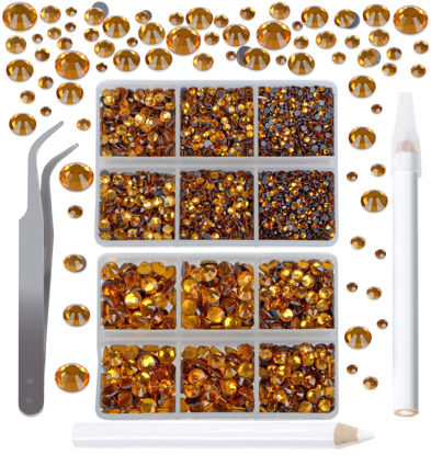 Picture of QOGIR 6300pcs Topaz Hotfix Rhinestones for Crafts Clothes DIY with Tweezers and 2 Picking Pens Mixed Size Flatback Rhinestone